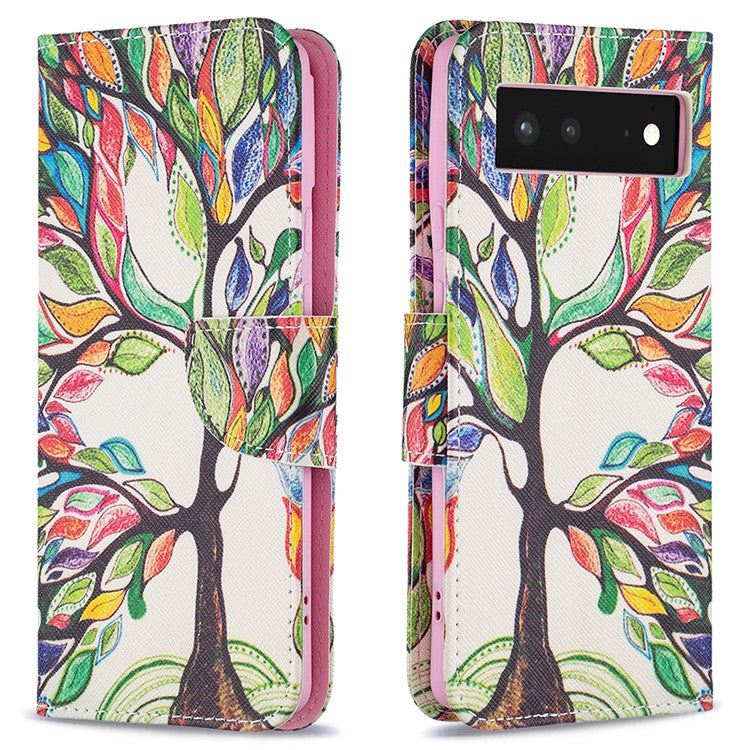 Pattern Printing PU Leather Wallet Folio Flip Cover Shockproof TPU Interior Stand Case for Google Pixel 6 - Life Tree