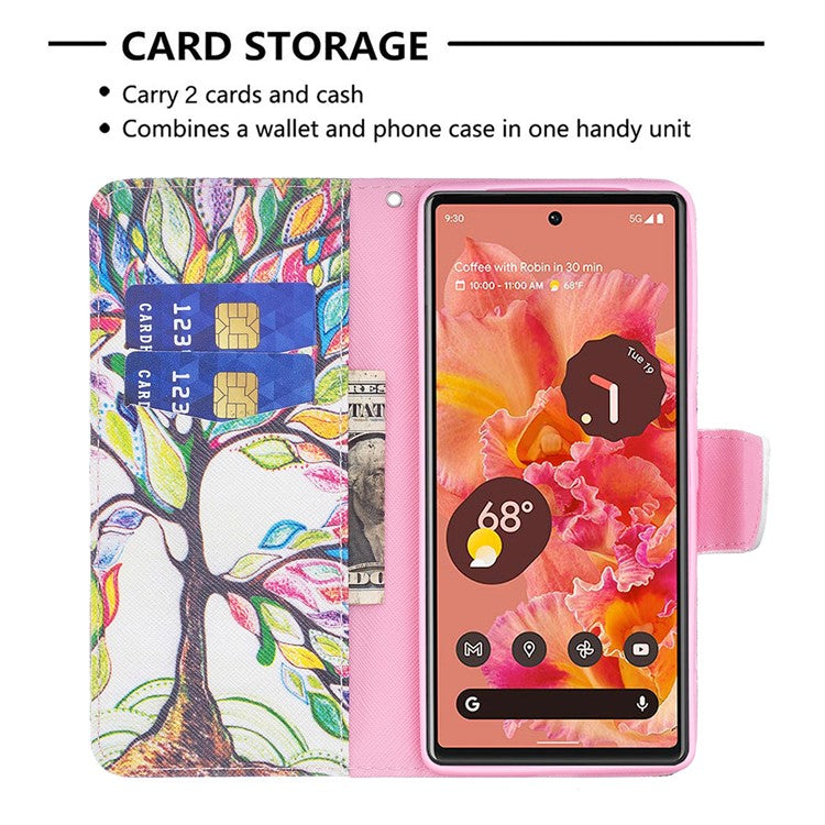 Pattern Printing PU Leather Wallet Folio Flip Cover Shockproof TPU Interior Stand Case for Google Pixel 6 - Life Tree