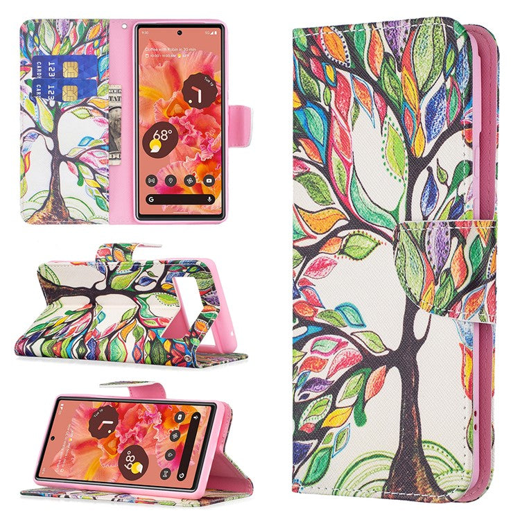 Pattern Printing PU Leather Wallet Folio Flip Cover Shockproof TPU Interior Stand Case for Google Pixel 6 - Life Tree