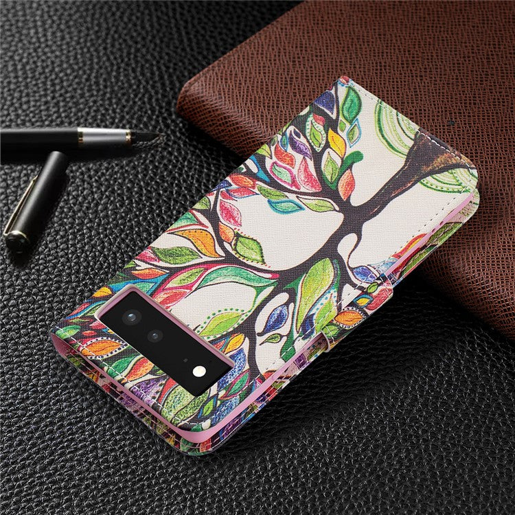 Pattern Printing PU Leather Wallet Folio Flip Cover Shockproof TPU Interior Stand Case for Google Pixel 6 - Life Tree