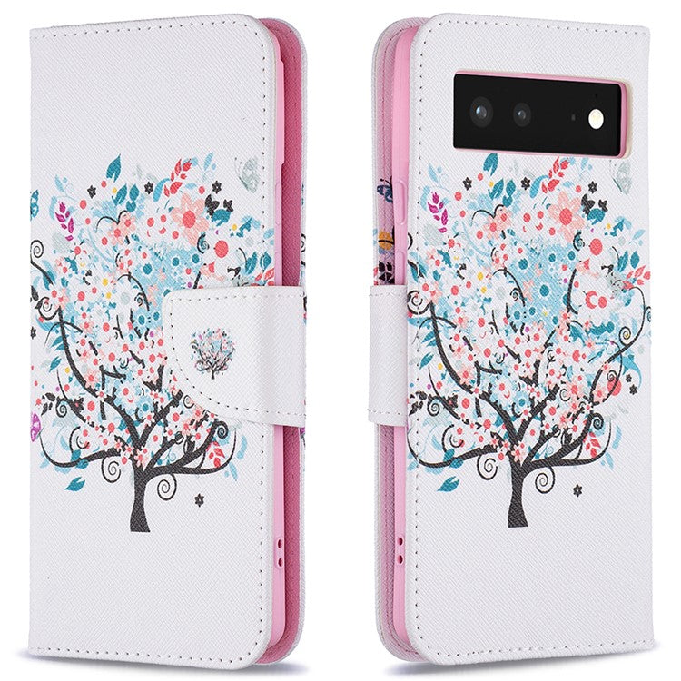 Pattern Printing PU Leather Wallet Folio Flip Cover Shockproof TPU Interior Stand Case for Google Pixel 6 - Flower Tree