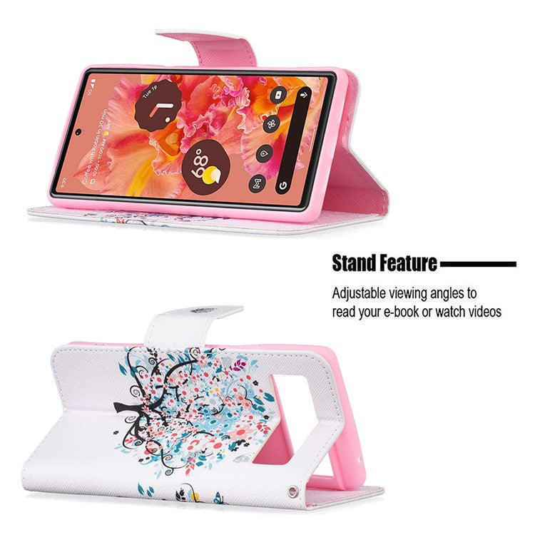 Pattern Printing PU Leather Wallet Folio Flip Cover Shockproof TPU Interior Stand Case for Google Pixel 6 - Flower Tree