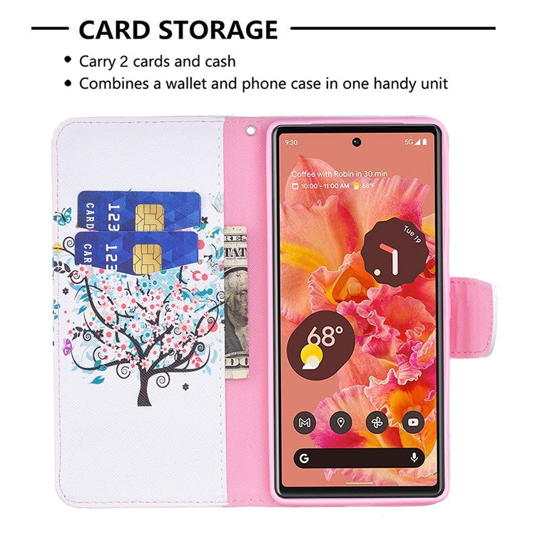 Pattern Printing PU Leather Wallet Folio Flip Cover Shockproof TPU Interior Stand Case for Google Pixel 6 - Flower Tree