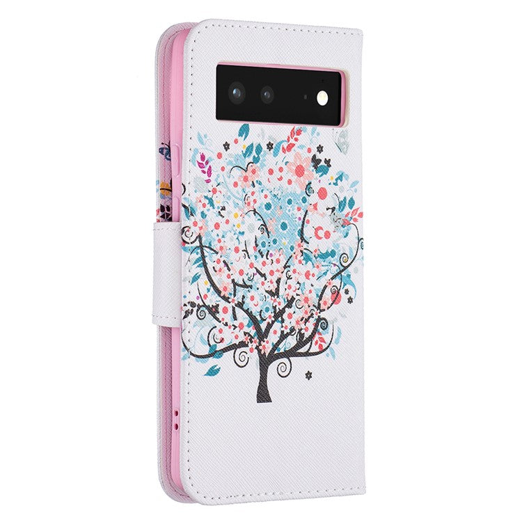 Pattern Printing PU Leather Wallet Folio Flip Cover Shockproof TPU Interior Stand Case for Google Pixel 6 - Flower Tree