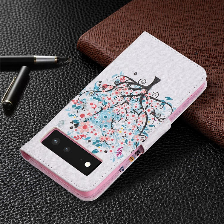 Pattern Printing PU Leather Wallet Folio Flip Cover Shockproof TPU Interior Stand Case for Google Pixel 6 - Flower Tree