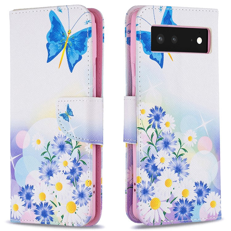 Pattern Printing PU Leather Wallet Folio Flip Cover Shockproof TPU Interior Stand Case for Google Pixel 6 - Butterfly and Flowers