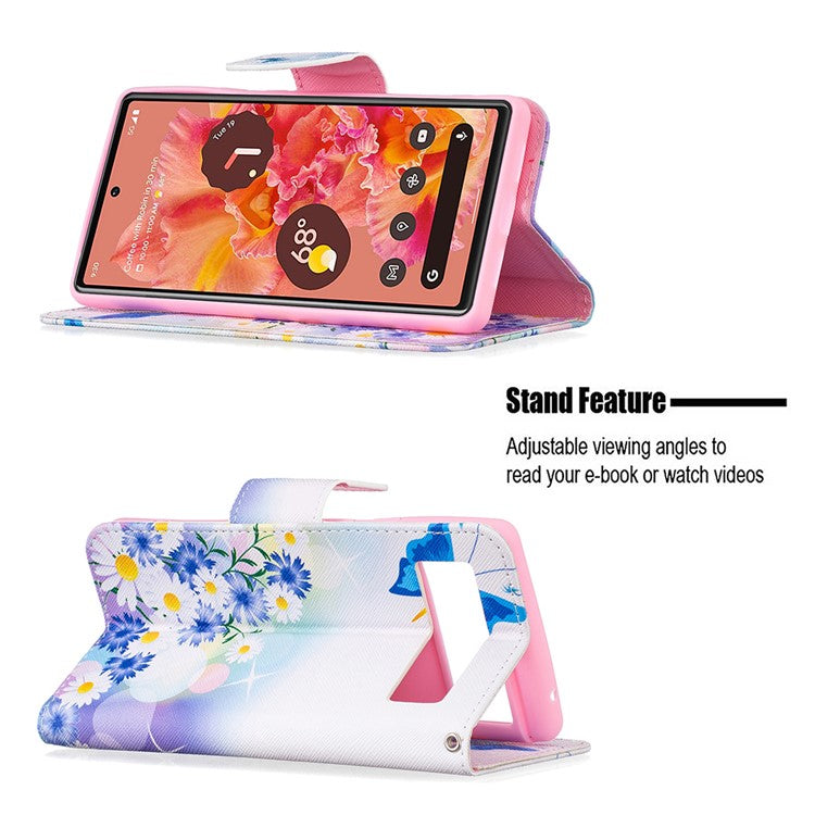 Pattern Printing PU Leather Wallet Folio Flip Cover Shockproof TPU Interior Stand Case for Google Pixel 6 - Butterfly and Flowers