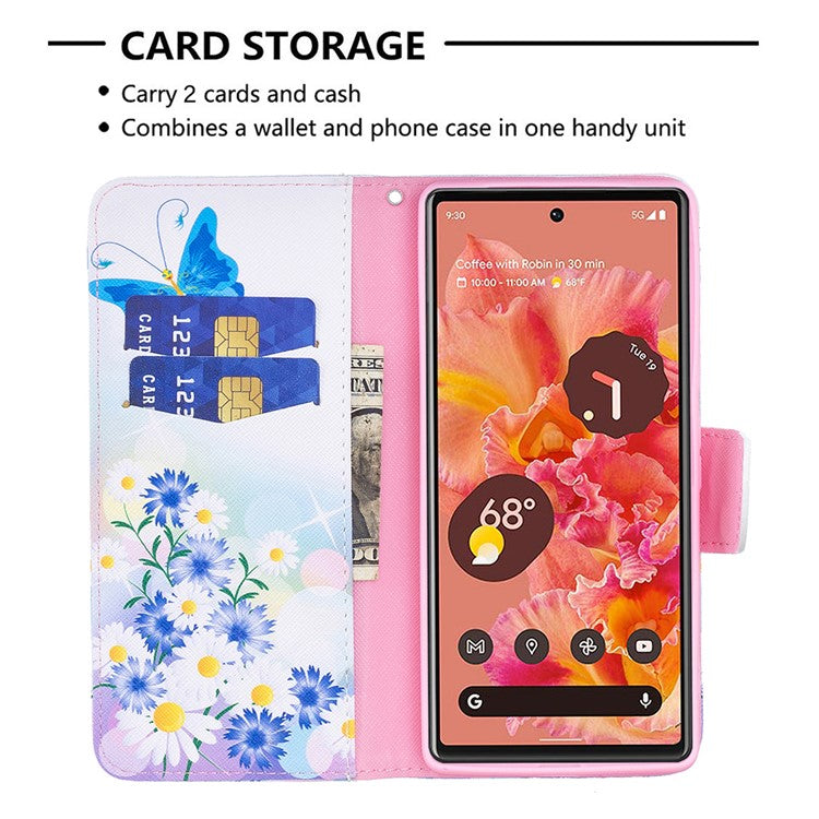 Pattern Printing PU Leather Wallet Folio Flip Cover Shockproof TPU Interior Stand Case for Google Pixel 6 - Butterfly and Flowers