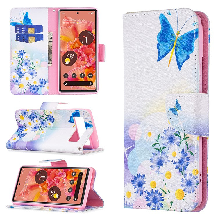 Pattern Printing PU Leather Wallet Folio Flip Cover Shockproof TPU Interior Stand Case for Google Pixel 6 - Butterfly and Flowers