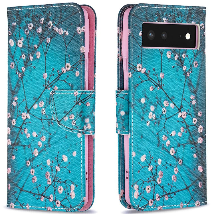 Pattern Printing PU Leather Wallet Folio Flip Cover Shockproof TPU Interior Stand Case for Google Pixel 6 - Plum Blossom