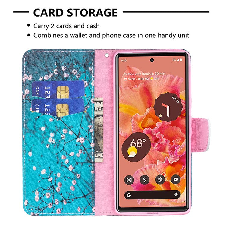 Pattern Printing PU Leather Wallet Folio Flip Cover Shockproof TPU Interior Stand Case for Google Pixel 6 - Plum Blossom