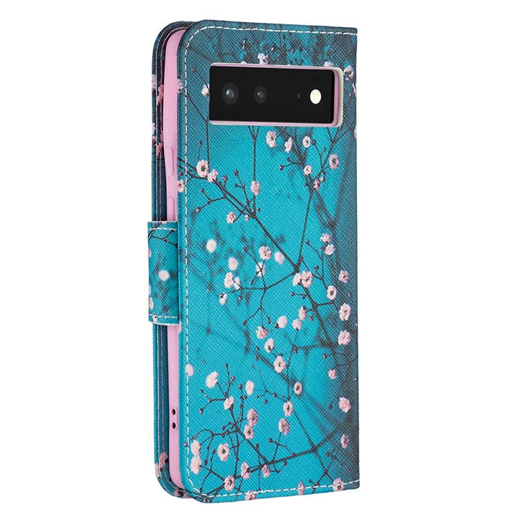 Pattern Printing PU Leather Wallet Folio Flip Cover Shockproof TPU Interior Stand Case for Google Pixel 6 - Plum Blossom