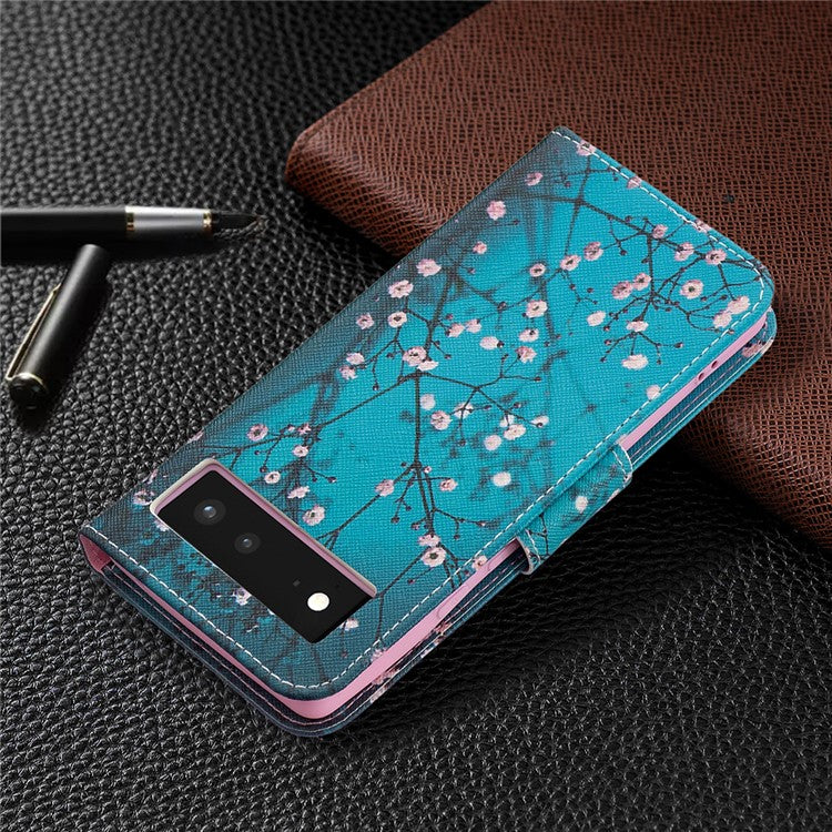 Pattern Printing PU Leather Wallet Folio Flip Cover Shockproof TPU Interior Stand Case for Google Pixel 6 - Plum Blossom