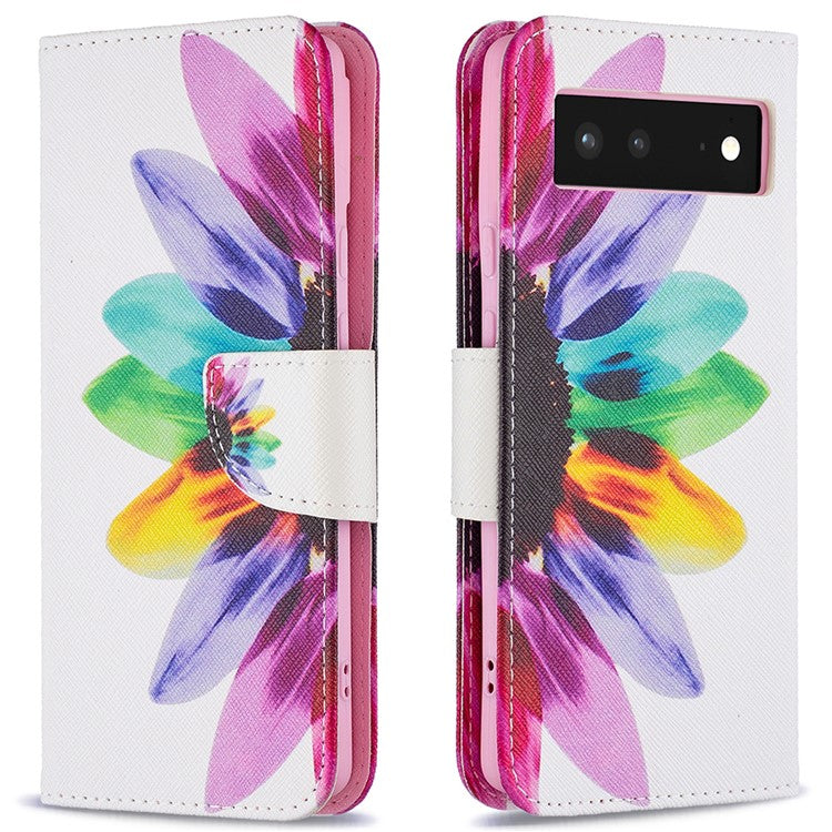 Pattern Printing PU Leather Wallet Folio Flip Cover Shockproof TPU Interior Stand Case for Google Pixel 6 - Sunflower