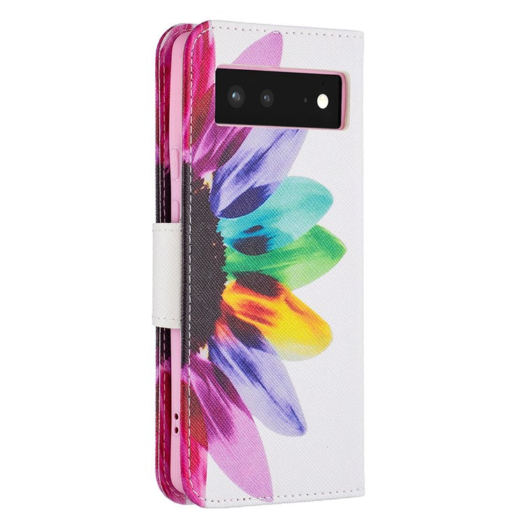 Pattern Printing PU Leather Wallet Folio Flip Cover Shockproof TPU Interior Stand Case for Google Pixel 6 - Sunflower