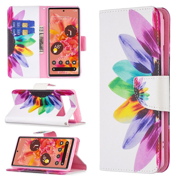 Pattern Printing PU Leather Wallet Folio Flip Cover Shockproof TPU Interior Stand Case for Google Pixel 6 - Sunflower