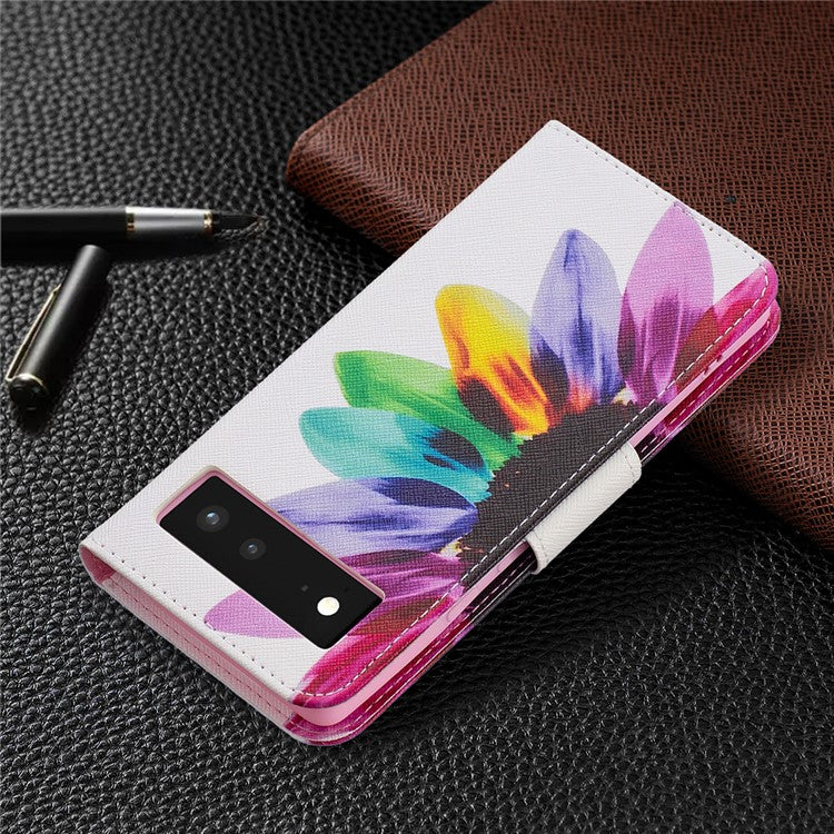 Pattern Printing PU Leather Wallet Folio Flip Cover Shockproof TPU Interior Stand Case for Google Pixel 6 - Sunflower