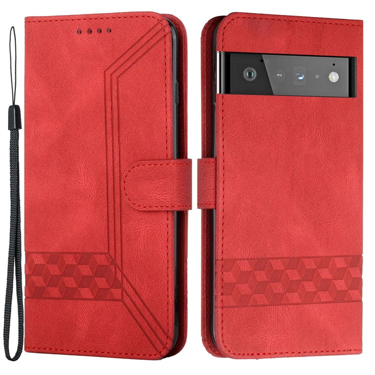 YX 0010  Leather Protective Case Compatible for Google Pixel 6 Supporting Stand Wallet Feature Shockproof Rhombus and Lines Imprinting Skin-touch Feel Phone Shell - Red