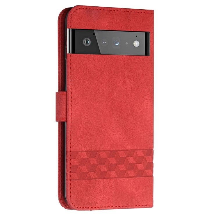 YX 0010  Leather Protective Case Compatible for Google Pixel 6 Supporting Stand Wallet Feature Shockproof Rhombus and Lines Imprinting Skin-touch Feel Phone Shell - Red