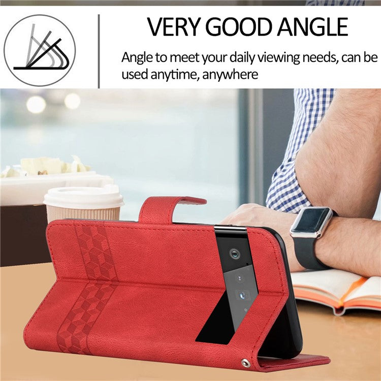 YX 0010  Leather Protective Case Compatible for Google Pixel 6 Supporting Stand Wallet Feature Shockproof Rhombus and Lines Imprinting Skin-touch Feel Phone Shell - Red