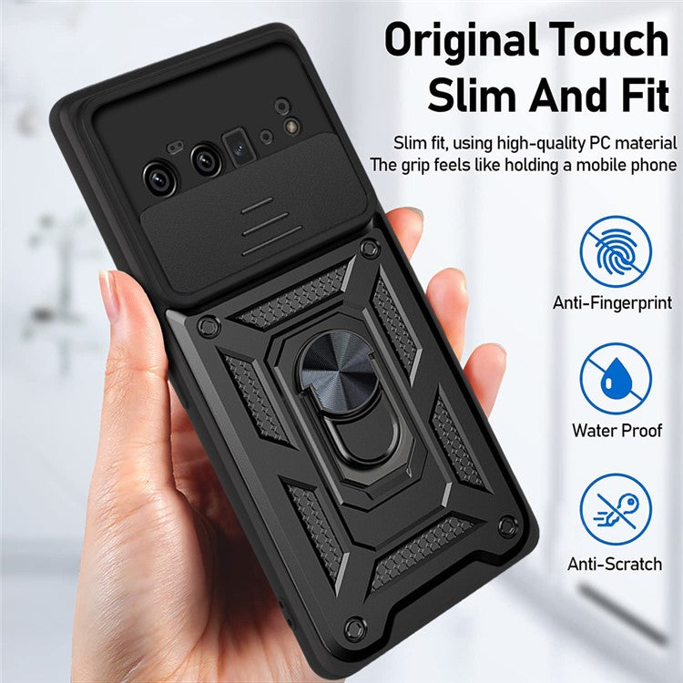 Ring Holder Kickstand Case Anti-scratch Camera Slide Cover Design PC + TPU Phone Shell Cover for Google Pixel 6 Pro - Black