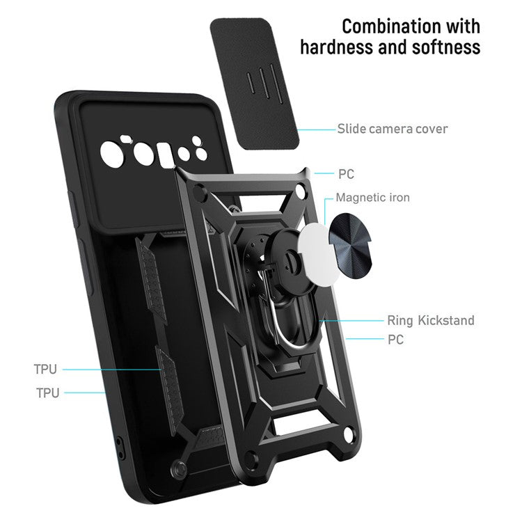 Ring Holder Kickstand Case Anti-scratch Camera Slide Cover Design PC + TPU Phone Shell Cover for Google Pixel 6 Pro - Black