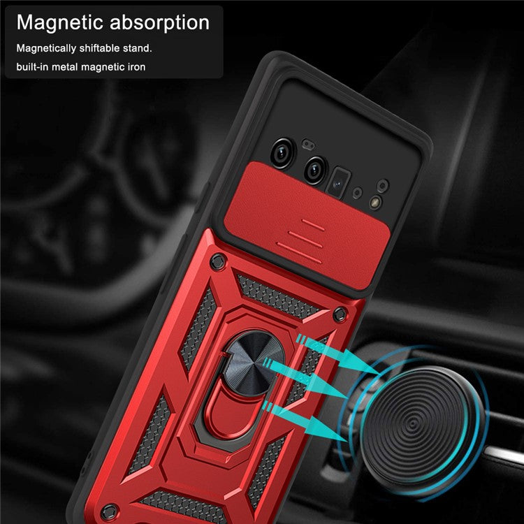 Ring Holder Kickstand Case Anti-scratch Camera Slide Cover Design PC + TPU Phone Shell Cover for Google Pixel 6 Pro - Red