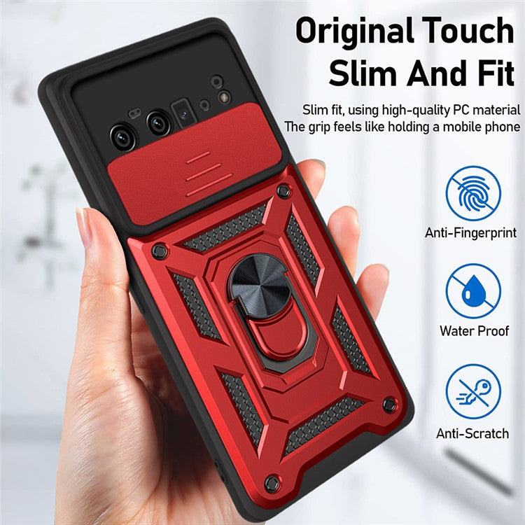 Ring Holder Kickstand Case Anti-scratch Camera Slide Cover Design PC + TPU Phone Shell Cover for Google Pixel 6 Pro - Red