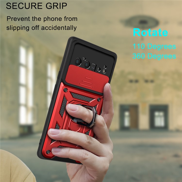 Ring Holder Kickstand Case Anti-scratch Camera Slide Cover Design PC + TPU Phone Shell Cover for Google Pixel 6 Pro - Red