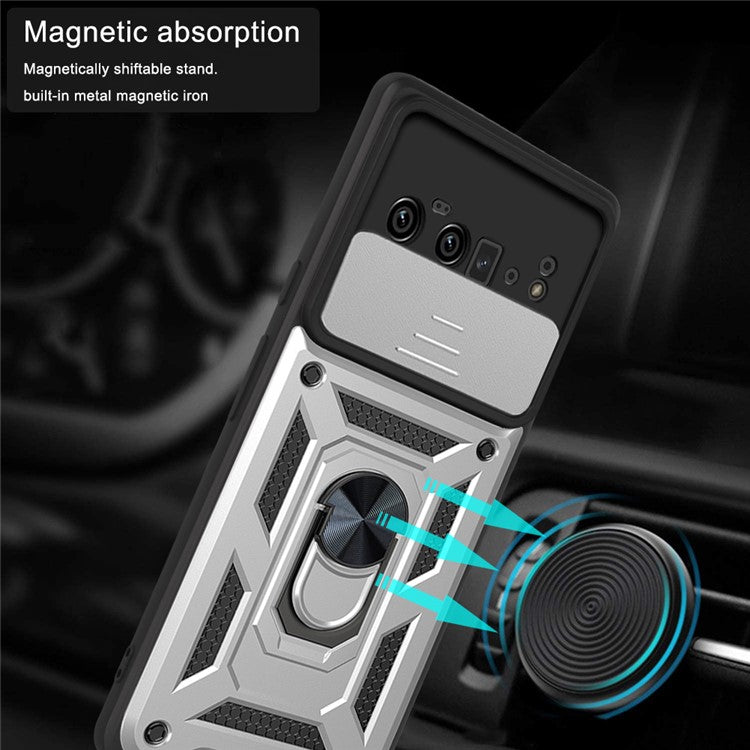 Ring Holder Kickstand Case Anti-scratch Camera Slide Cover Design PC + TPU Phone Shell Cover for Google Pixel 6 Pro - Silver