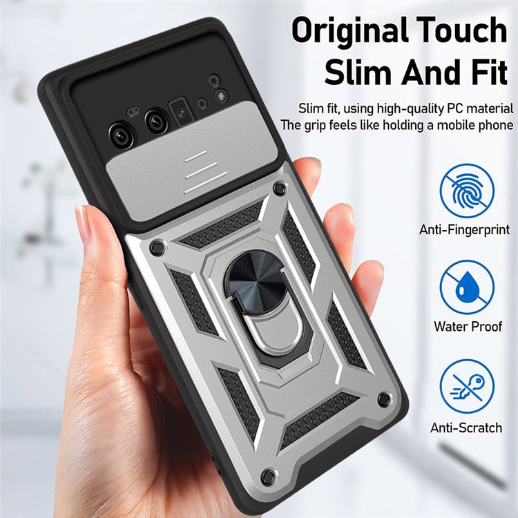 Ring Holder Kickstand Case Anti-scratch Camera Slide Cover Design PC + TPU Phone Shell Cover for Google Pixel 6 Pro - Silver