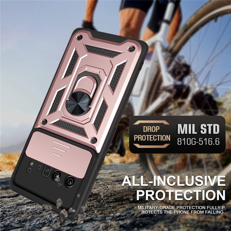 Ring Holder Kickstand Case Anti-scratch Camera Slide Cover Design PC + TPU Phone Shell Cover for Google Pixel 6 Pro - Rose Gold