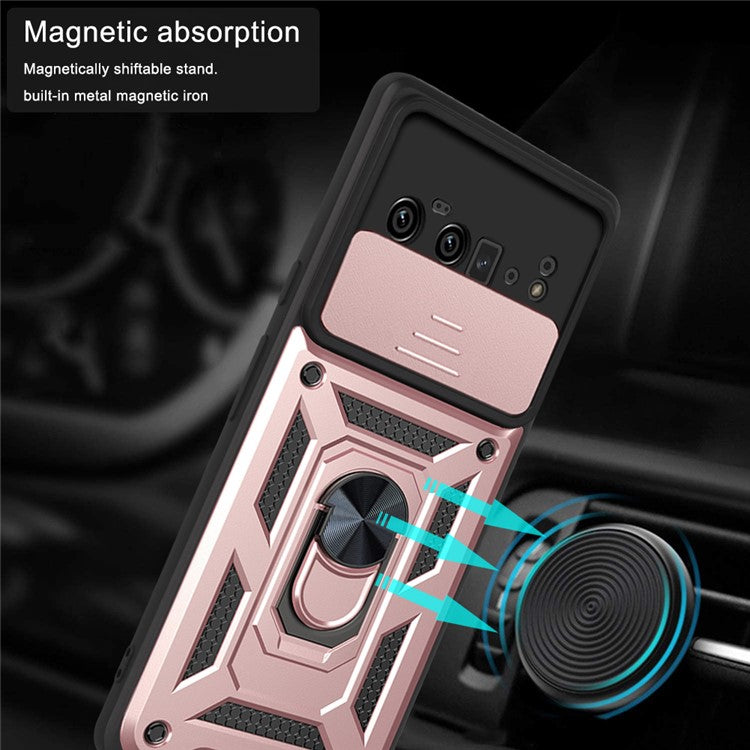 Ring Holder Kickstand Case Anti-scratch Camera Slide Cover Design PC + TPU Phone Shell Cover for Google Pixel 6 Pro - Rose Gold