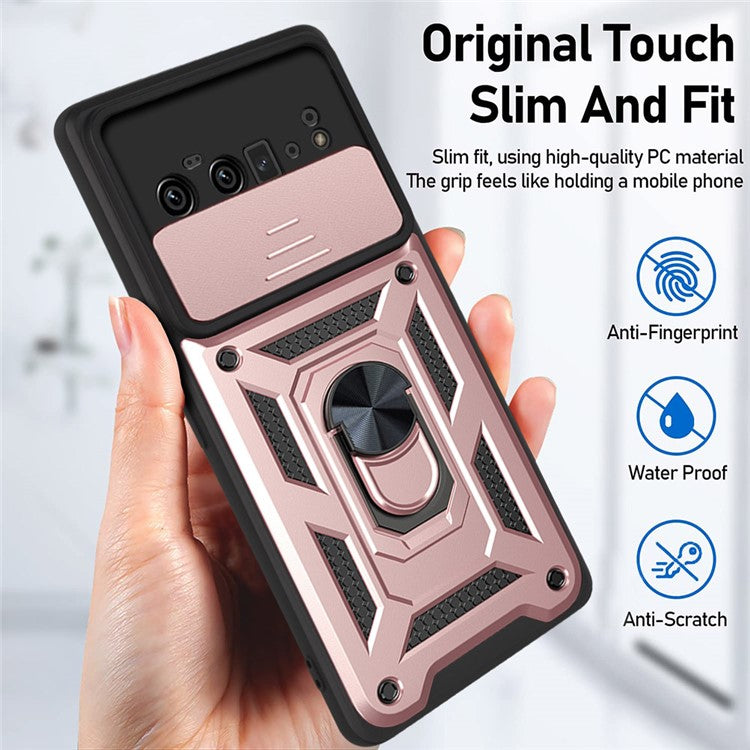 Ring Holder Kickstand Case Anti-scratch Camera Slide Cover Design PC + TPU Phone Shell Cover for Google Pixel 6 Pro - Rose Gold