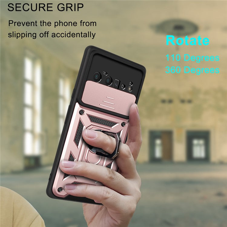 Ring Holder Kickstand Case Anti-scratch Camera Slide Cover Design PC + TPU Phone Shell Cover for Google Pixel 6 Pro - Rose Gold