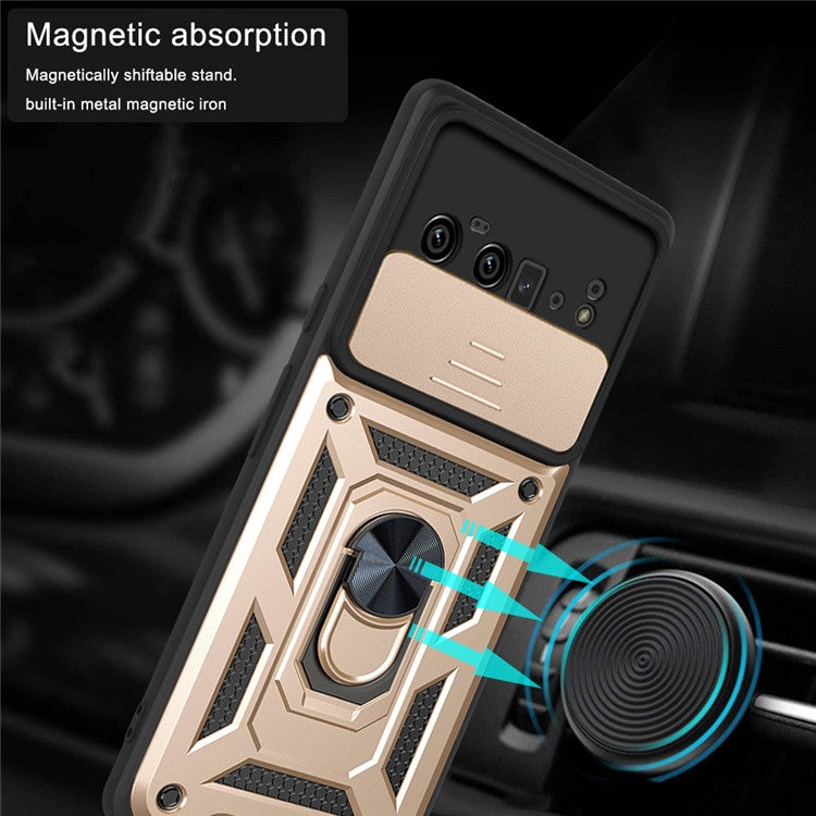 Ring Holder Kickstand Case Anti-scratch Camera Slide Cover Design PC + TPU Phone Shell Cover for Google Pixel 6 Pro - Gold