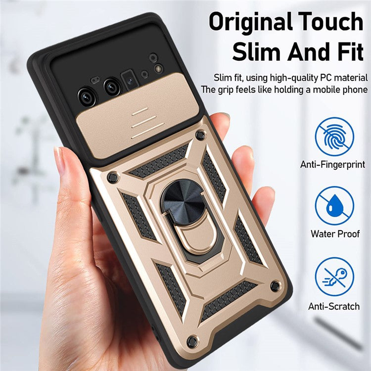 Ring Holder Kickstand Case Anti-scratch Camera Slide Cover Design PC + TPU Phone Shell Cover for Google Pixel 6 Pro - Gold