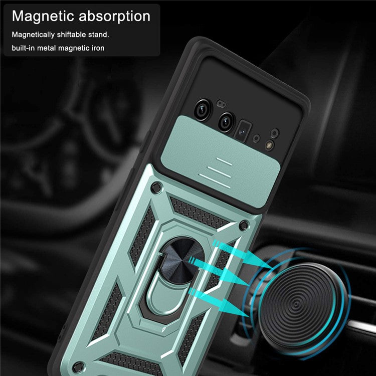 Ring Holder Kickstand Case Anti-scratch Camera Slide Cover Design PC + TPU Phone Shell Cover for Google Pixel 6 Pro - Green