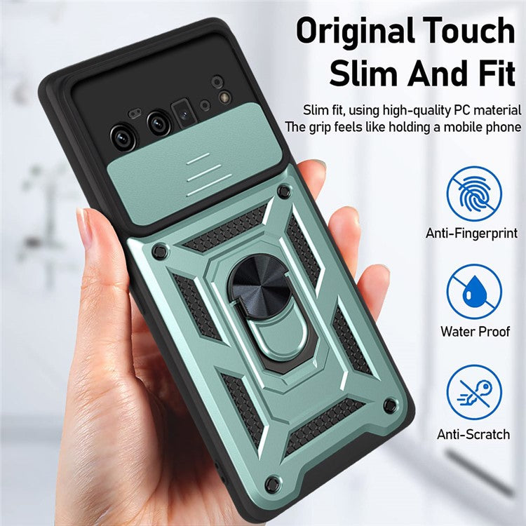 Ring Holder Kickstand Case Anti-scratch Camera Slide Cover Design PC + TPU Phone Shell Cover for Google Pixel 6 Pro - Green