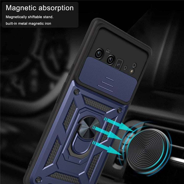 Ring Holder Kickstand Case Anti-scratch Camera Slide Cover Design PC + TPU Phone Shell Cover for Google Pixel 6 Pro - Blue