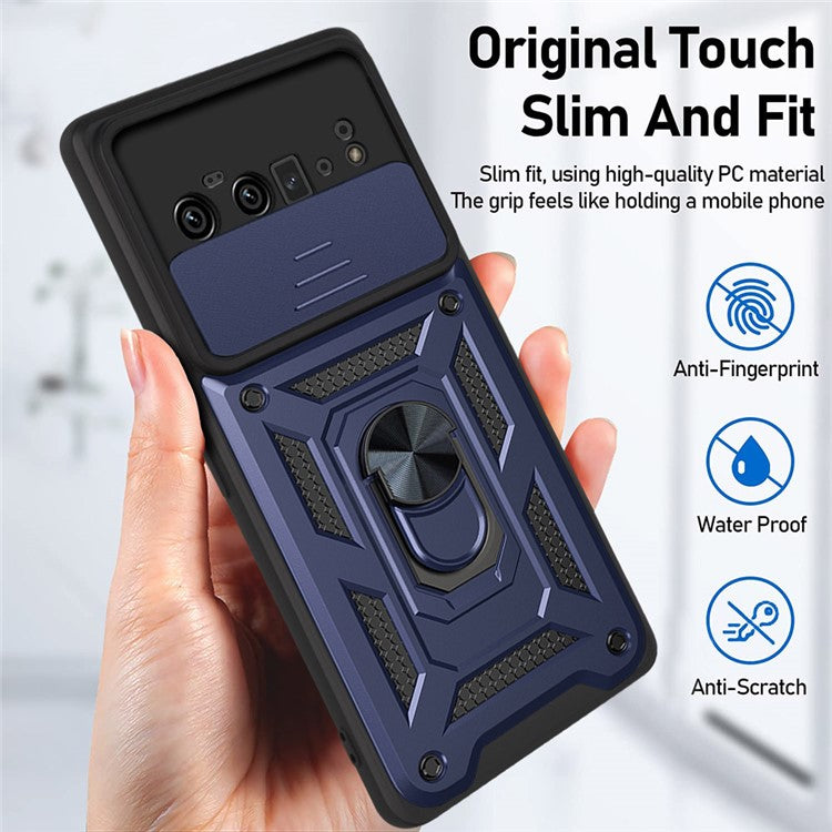 Ring Holder Kickstand Case Anti-scratch Camera Slide Cover Design PC + TPU Phone Shell Cover for Google Pixel 6 Pro - Blue