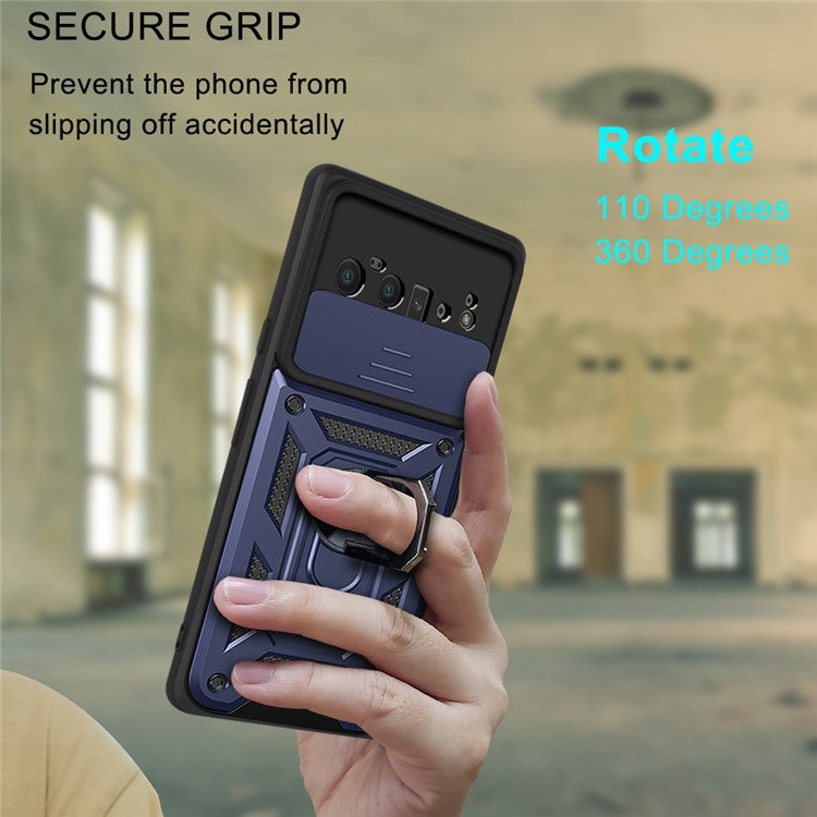 Ring Holder Kickstand Case Anti-scratch Camera Slide Cover Design PC + TPU Phone Shell Cover for Google Pixel 6 Pro - Blue