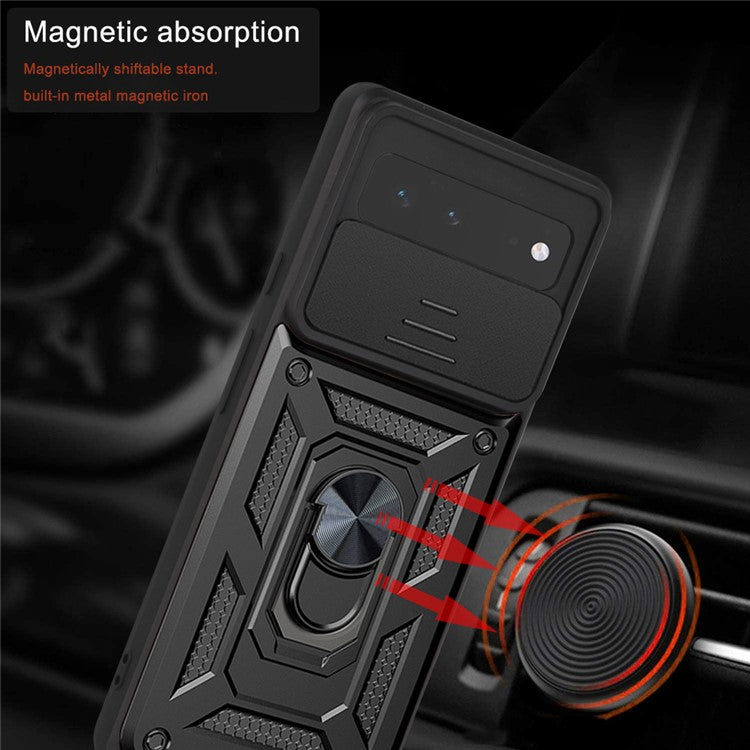 Ring Kickstand Design Anti-scratch Anti-fingerprint Camera Slide Cover PC + TPU Anti-fall Hybrid Case Cover for Google Pixel 6 - Black