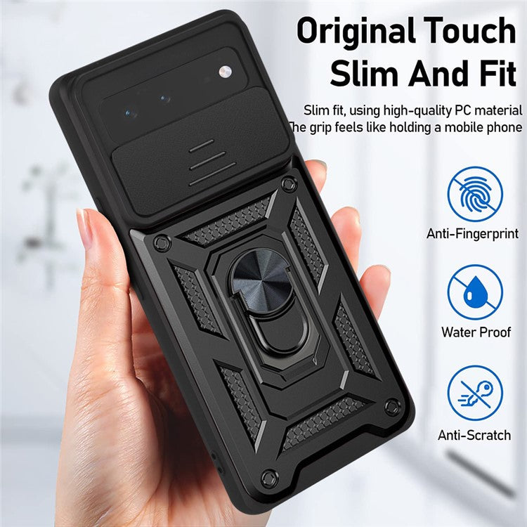 Ring Kickstand Design Anti-scratch Anti-fingerprint Camera Slide Cover PC + TPU Anti-fall Hybrid Case Cover for Google Pixel 6 - Black