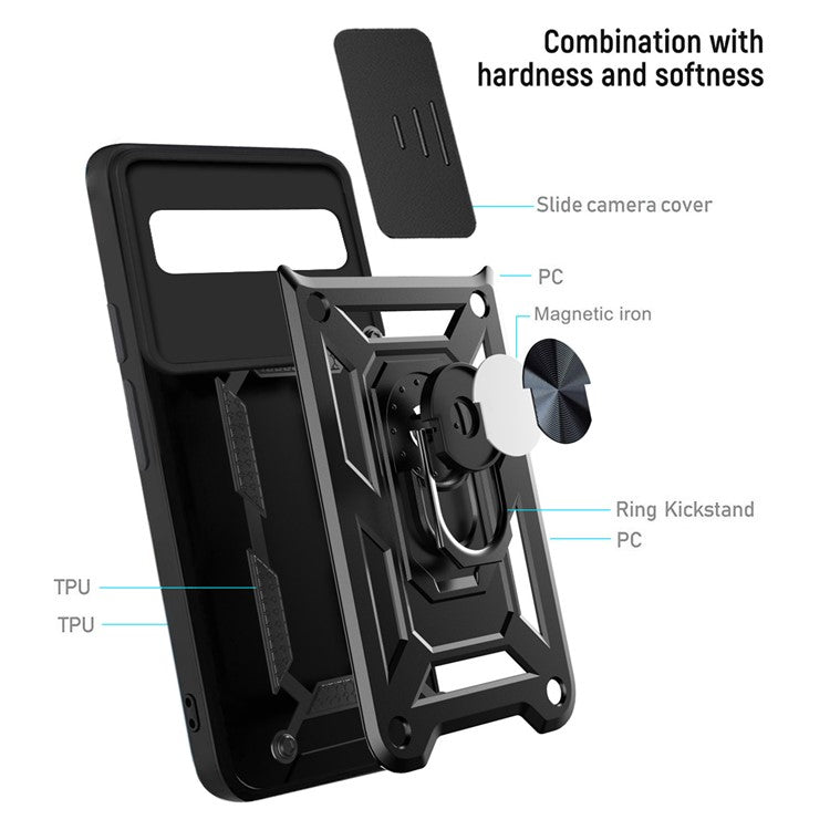 Ring Kickstand Design Anti-scratch Anti-fingerprint Camera Slide Cover PC + TPU Anti-fall Hybrid Case Cover for Google Pixel 6 - Black