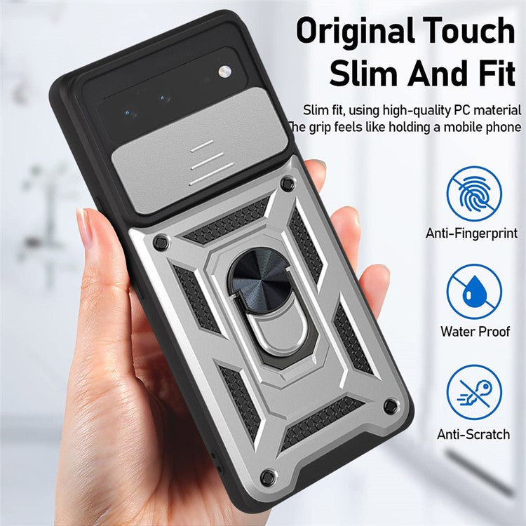 Ring Kickstand Design Anti-scratch Anti-fingerprint Camera Slide Cover PC + TPU Anti-fall Hybrid Case Cover for Google Pixel 6 - Silver