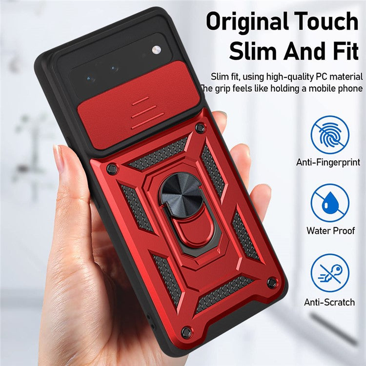 Ring Kickstand Design Anti-scratch Anti-fingerprint Camera Slide Cover PC + TPU Anti-fall Hybrid Case Cover for Google Pixel 6 - Red