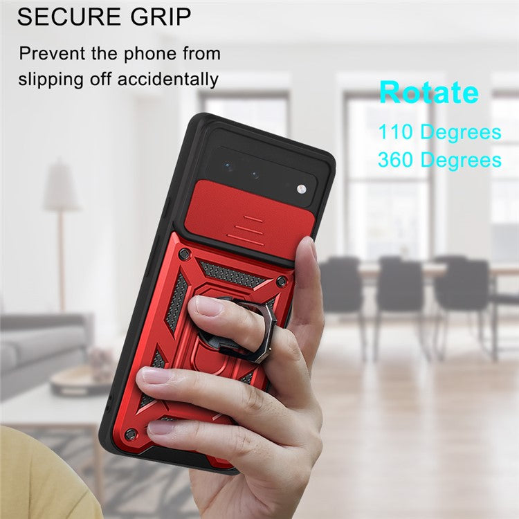 Ring Kickstand Design Anti-scratch Anti-fingerprint Camera Slide Cover PC + TPU Anti-fall Hybrid Case Cover for Google Pixel 6 - Red