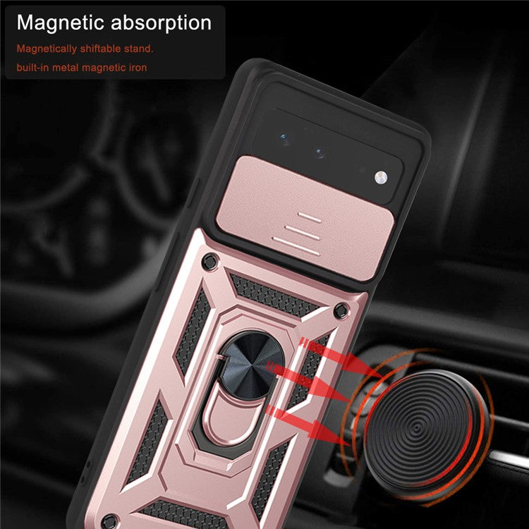 Ring Kickstand Design Anti-scratch Anti-fingerprint Camera Slide Cover PC + TPU Anti-fall Hybrid Case Cover for Google Pixel 6 - Rose Gold