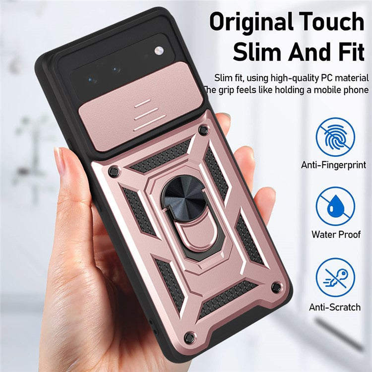 Ring Kickstand Design Anti-scratch Anti-fingerprint Camera Slide Cover PC + TPU Anti-fall Hybrid Case Cover for Google Pixel 6 - Rose Gold